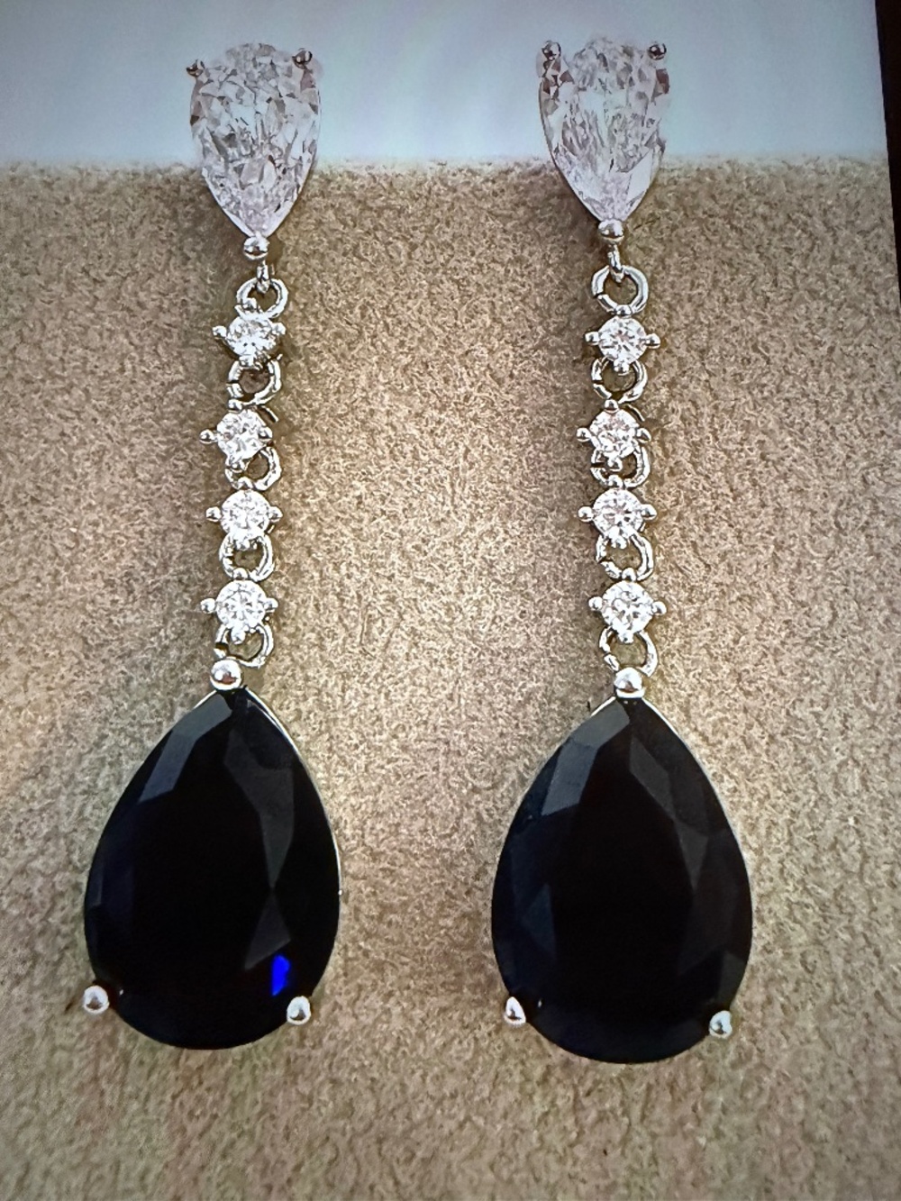Blue and White Sapphire Teardrop Earrings: 14kt Gold/Silver